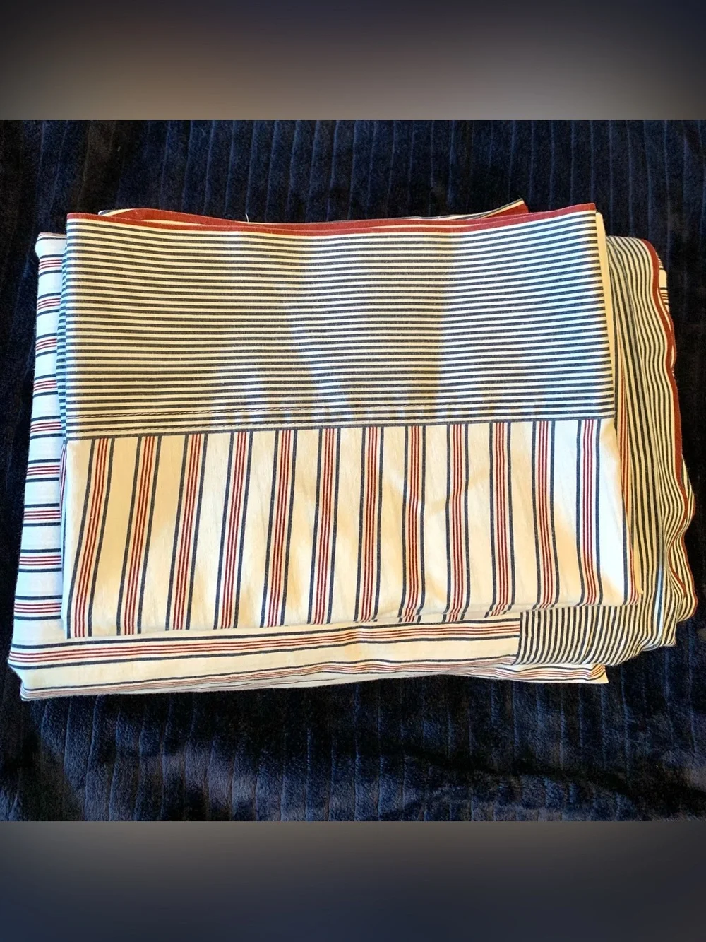 Tommy Hilfiger Queen Sheet Set, Cotton Blend, Navy & Red Pinstripe, 4 Piece